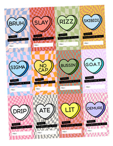 Candy Hearts Slang Words Valentine's Day Cards for School, Gen Alpha Kids, Teens, Tweens, Brain Rot Humor, 2 x 3.5 inches, Set of 24 cards