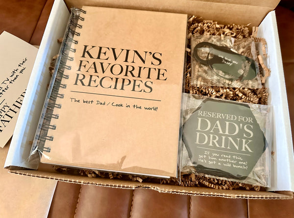 Personalized Dad Gift Set, Greeting Card, Recipe Book, Bottle Opener Keychain, Coaster, Father's Day, Birthday