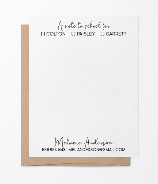 A note to School with child names - Custom Flat Notecards