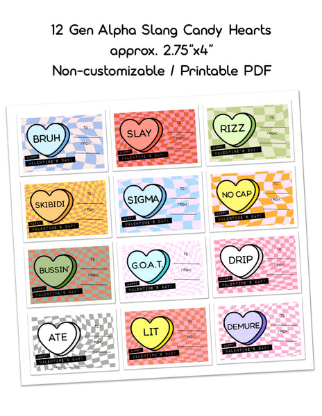Gen Alpha Slang Candy Hearts Valentines Day Cards for School, Bonus Tags, Non-Customizable, DIGITAL, PRINTABLE, Brain Rot Humor, PDF Files