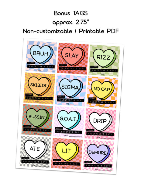 Gen Alpha Slang Candy Hearts Valentines Day Cards for School, Bonus Tags, Non-Customizable, DIGITAL, PRINTABLE, Brain Rot Humor, PDF Files