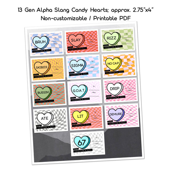 Gen Alpha Slang Candy Hearts Valentines Day Cards for School, Bonus Tags, Non-Customizable, DIGITAL, PRINTABLE, Brain Rot Humor, PDF Files