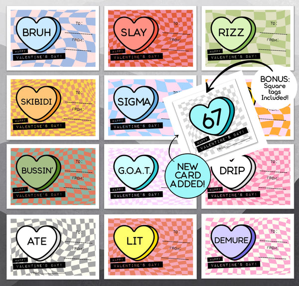 Gen Alpha Slang Candy Hearts Valentines Day Cards for School, Bonus Tags, Non-Customizable, DIGITAL, PRINTABLE, Brain Rot Humor, PDF Files