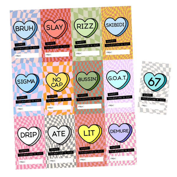 Candy Hearts Slang Words Valentine's Day Cards for School, Gen Alpha Kids, Teens, Tweens, Brain Rot Humor, 2 x 3.5 inches, Set of 26 cards