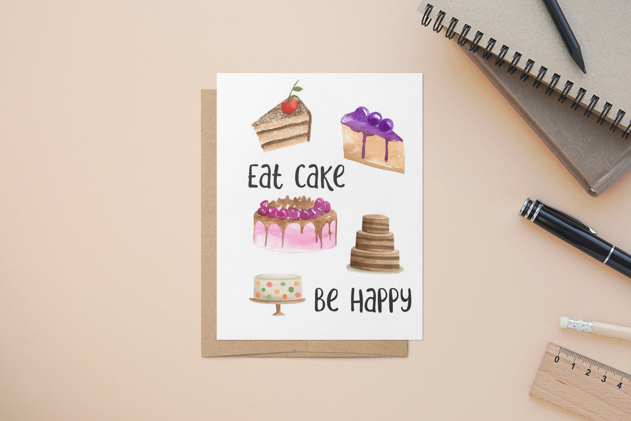 Eat Cake Be Happy, Birthday, A2 Size Greeting Card