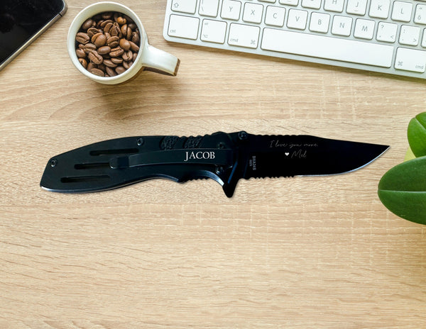 Custom Engraved Smith & Wesson Pocket Knife - Handwriting Signature - Personalized Black Tactical Gift