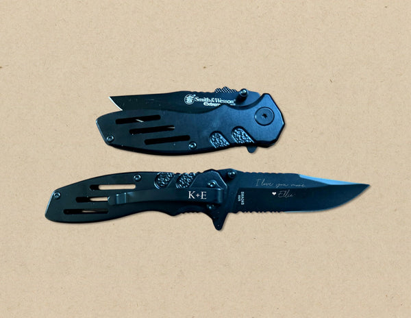 Custom Engraved Smith & Wesson Pocket Knife - Handwriting Signature - Personalized Black Tactical Gift