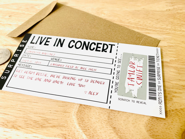 Personalized Surprise Concert Ticket Scratch Off Card with Envelope - Live in Concert - Special Occasion - Music