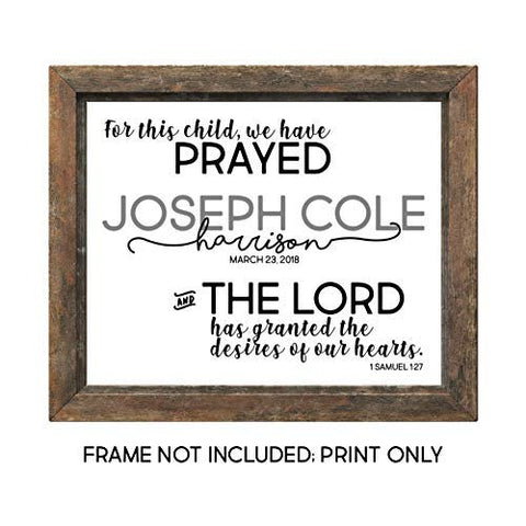 Bible Verse Personalized Name Nursery Wall Art -  8x10 UNFRAMED Print - For this child we have prayed