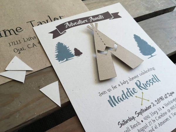 Adventure Awaits TeePee Invitation - Baby Shower - Birthday - Custom - Set of 10