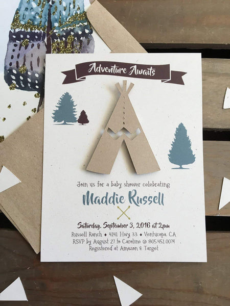Adventure Awaits TeePee Invitation - Baby Shower - Birthday - Custom - Set of 10