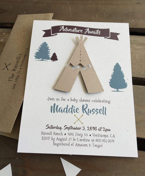 Adventure Awaits TeePee Invitation - Baby Shower - Birthday - Custom - Set of 10