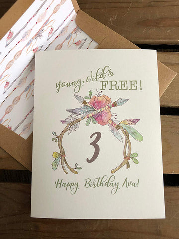 Young Wild and Free - Personalized Birthday Card - BOHO - Recycled - Eco Friendly