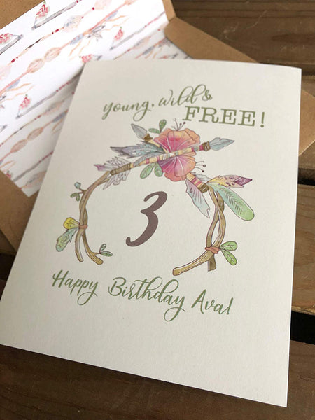 Young Wild and Free - Personalized Birthday Card - BOHO - Recycled - Eco Friendly