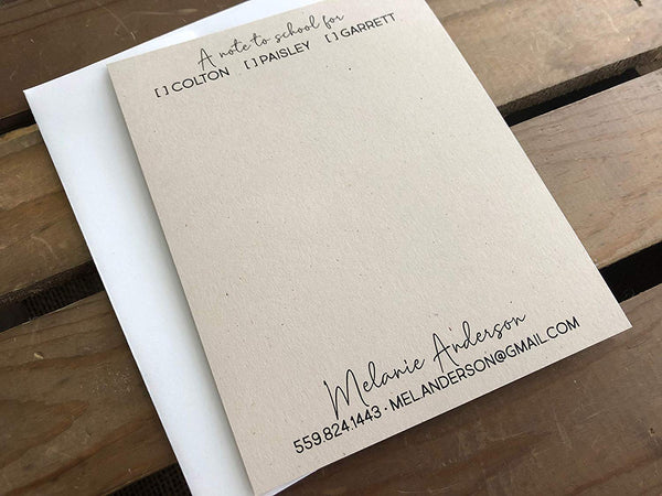 A note to School with child names - Custom Flat Notecards