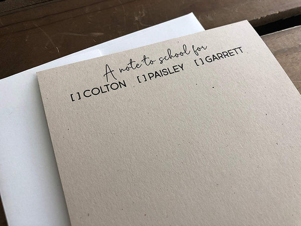 A note to School with child names - Custom Flat Notecards