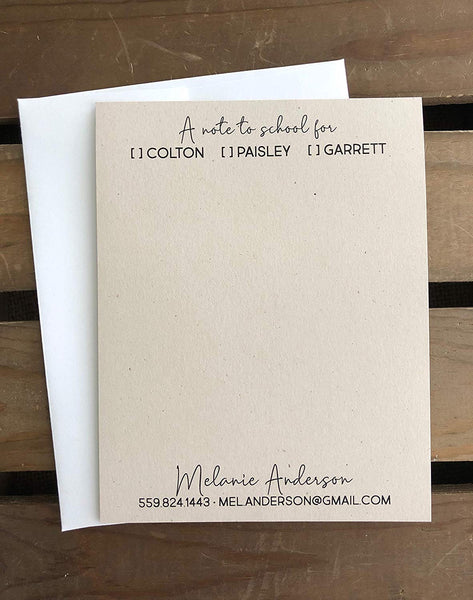 A note to School with child names - Custom Flat Notecards