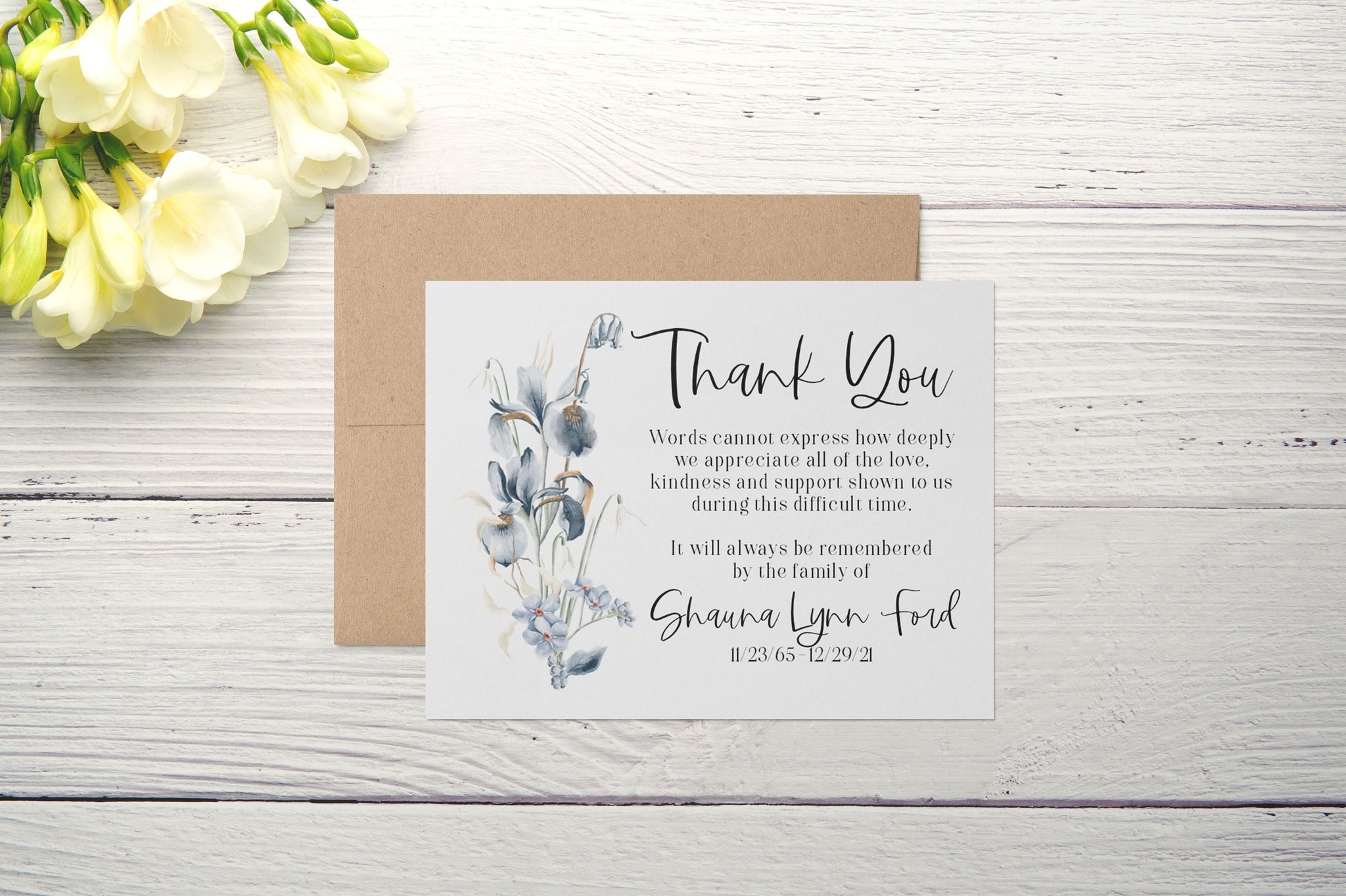 Personalized Funeral Acknowledgement Cards - Floral Blue Bouquet