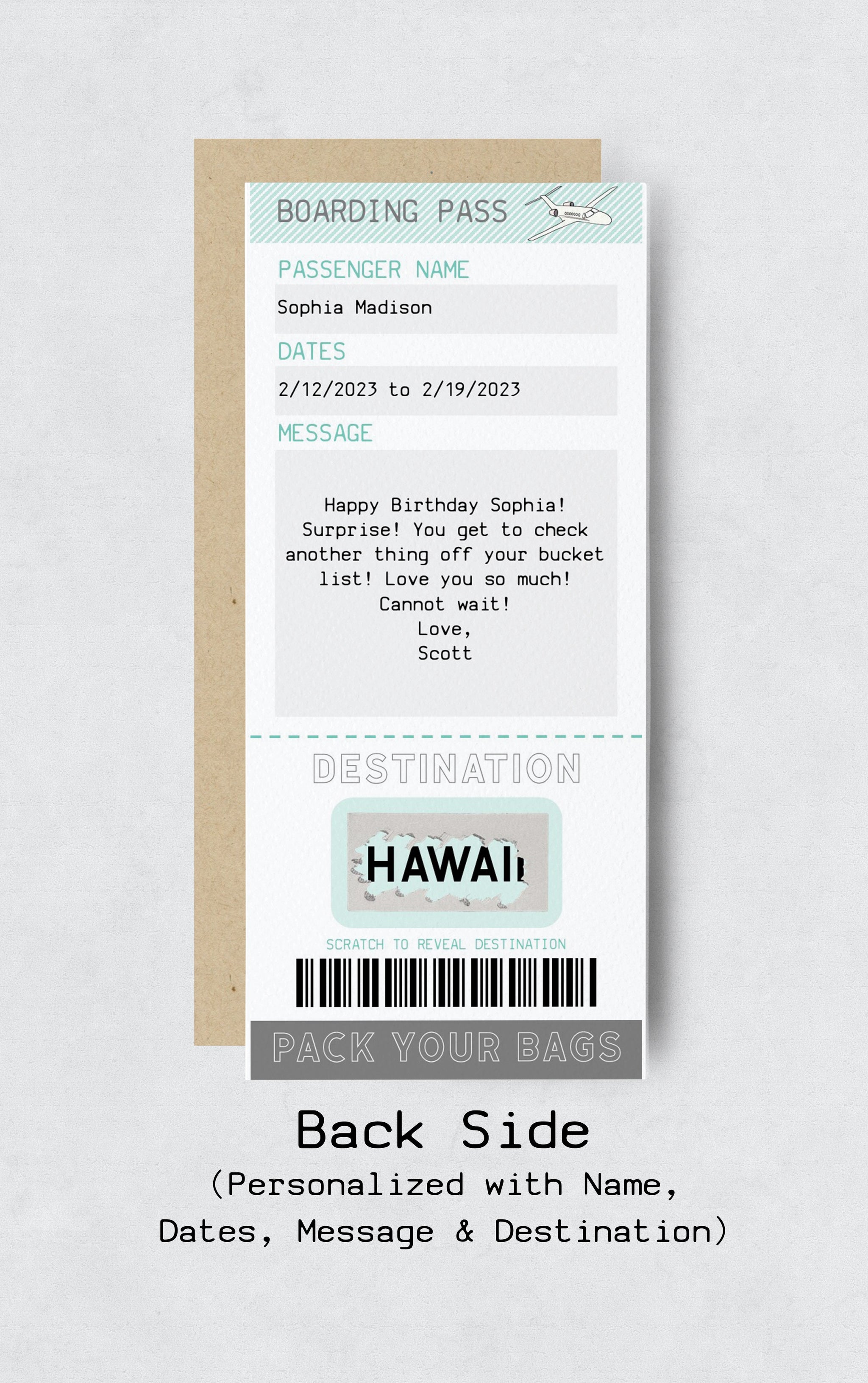 Personalized Boarding Pass Scratch Off Card - Surprise Trip Reveal