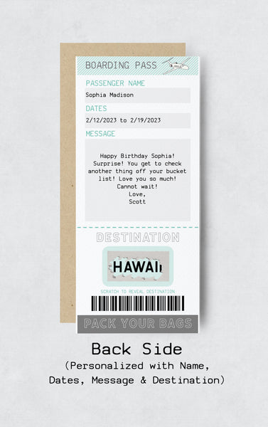 Personalized Boarding Pass Scratch Off Card - Surprise Trip Reveal - Special Occasion - Destination announcement - No. 10 Size