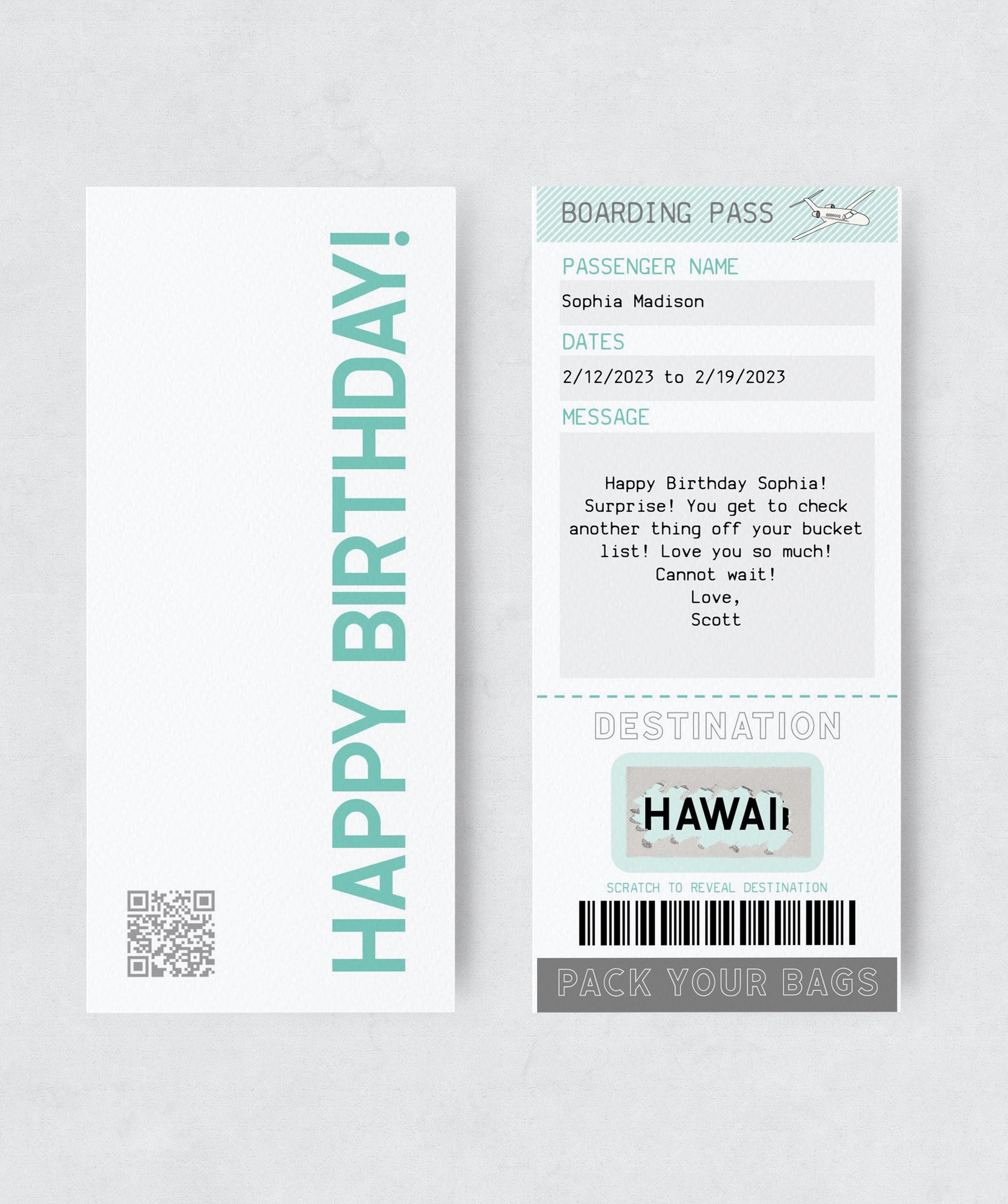 Personalized Boarding Pass Scratch Off Card - Surprise Trip Reveal - Special Occasion - Destination announcement - No. 10 Size