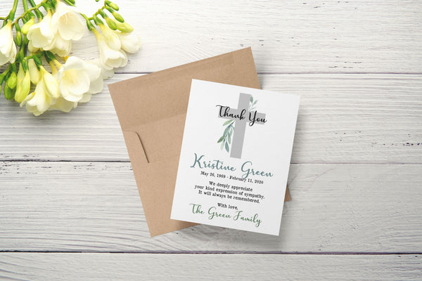 Personalized Funeral Acknowledgement Cards - Cross with leaves