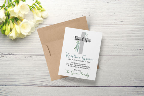 Personalized Funeral Acknowledgement Cards - Cross with leaves