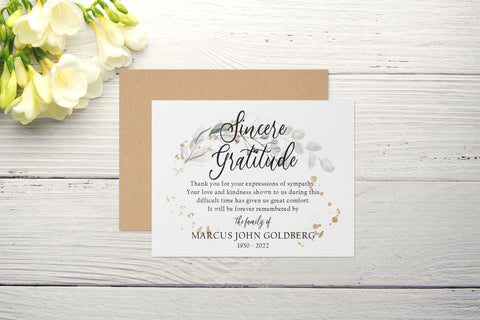 Personalized Funeral Acknowledgement Cards - Greenery Gold Dust