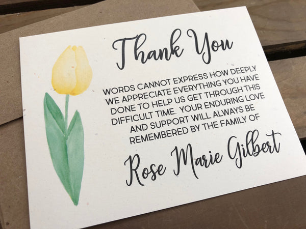 Personalized Funeral Acknowledgement Cards - Yellow Tulip