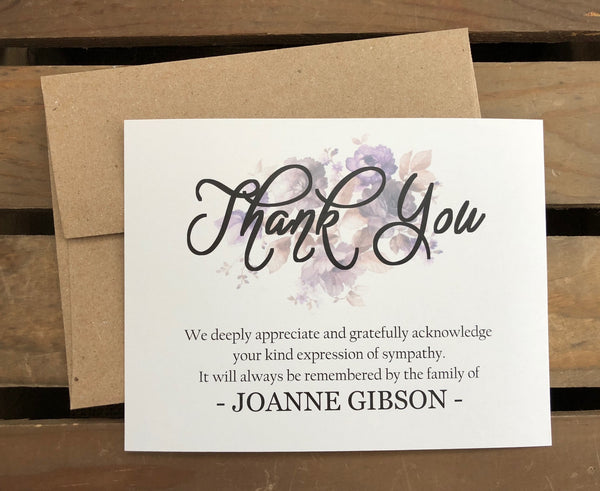 Personalized Funeral Acknowledgement Cards - Floral Purple