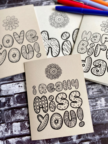 Kids Doodle Greeting Cards - I really miss you - Coloring Card  - Set of 4