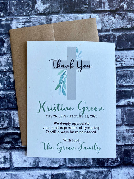 Personalized Funeral Acknowledgement Cards - Cross with leaves
