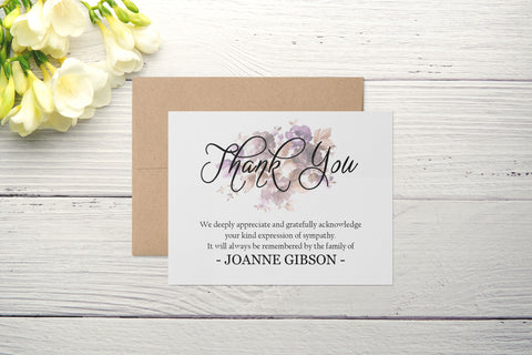 Personalized Funeral Acknowledgement Cards - Floral Purple