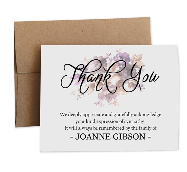 Personalized Funeral Acknowledgement Cards - Floral Purple