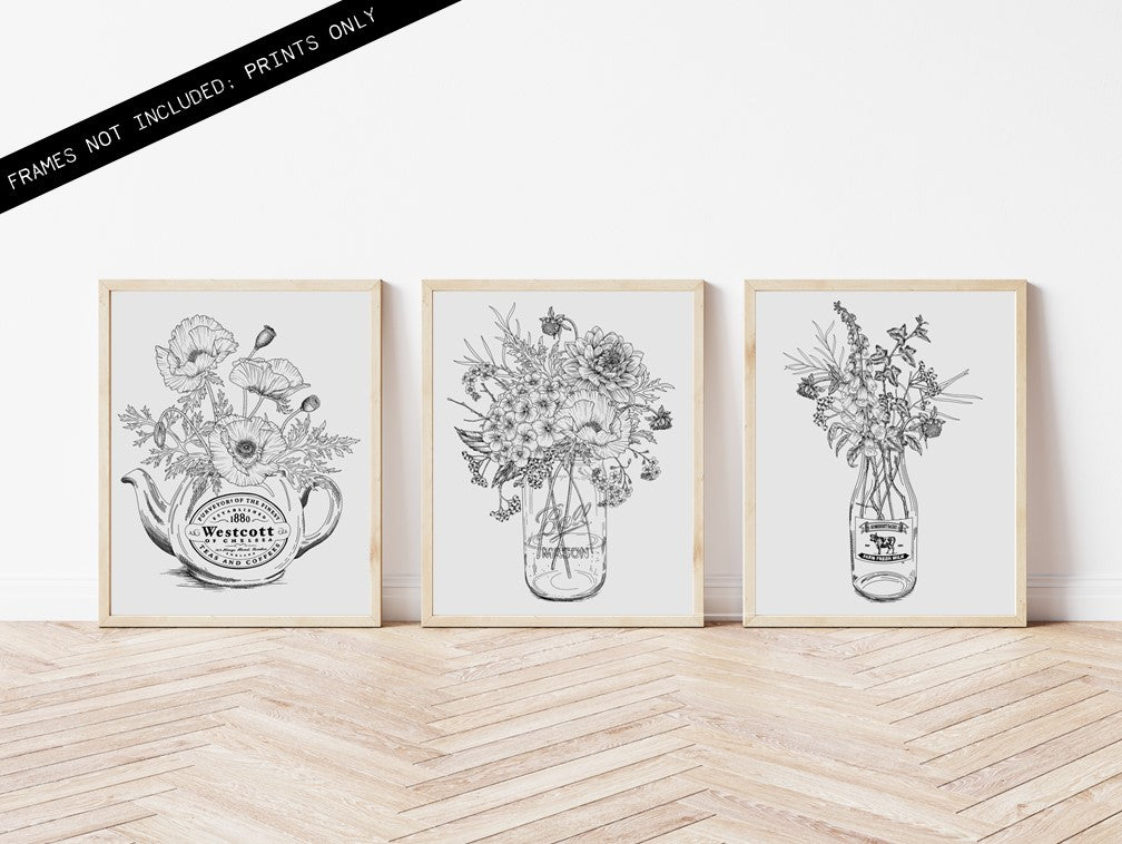 Vintage Botanical Bouquet Set of 3 Prints - UNFRAMED - 8x10 - Eco Friendly