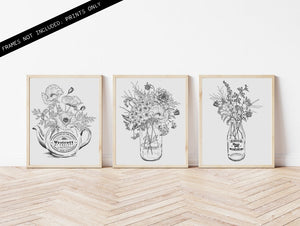 Vintage Botanical Bouquet Set of 3 Prints - UNFRAMED - 8x10 - Eco Friendly