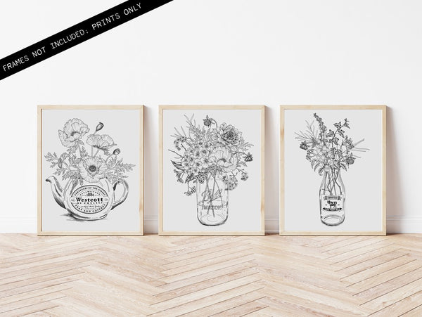Vintage Botanical Bouquet Set of 3 Prints - UNFRAMED - 8x10 - Eco Friendly